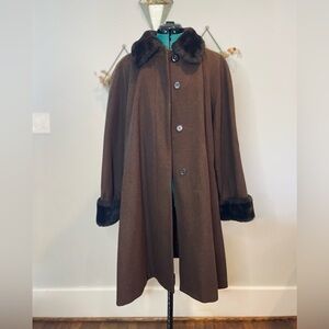 Classic Brown Wool Pea Coat with Faux Fur Trim